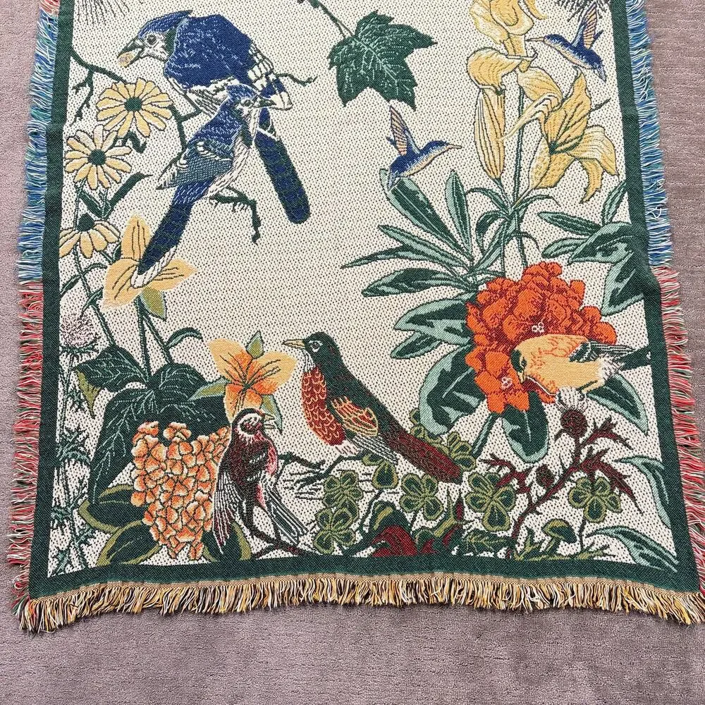 Vintage Nature Bird & Flower Woven Tapestry Throw Blanket Fringed 46